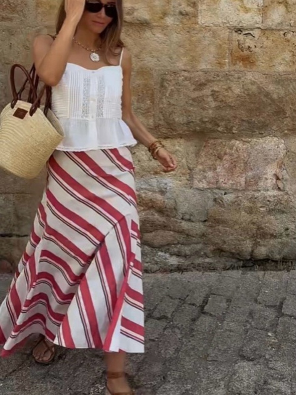 ZARA Cream Red Brown Diagonal Stripe A-Line Asymmetric Skirt! 🌺 - Picture 2 of 16